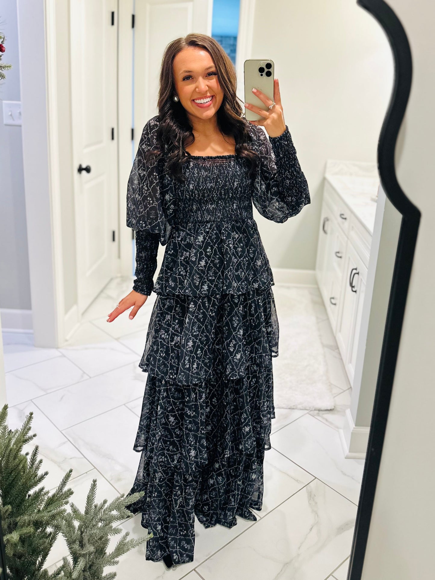 The Mae Black Ruffle Tiered Long Sleeve Maxi Dress