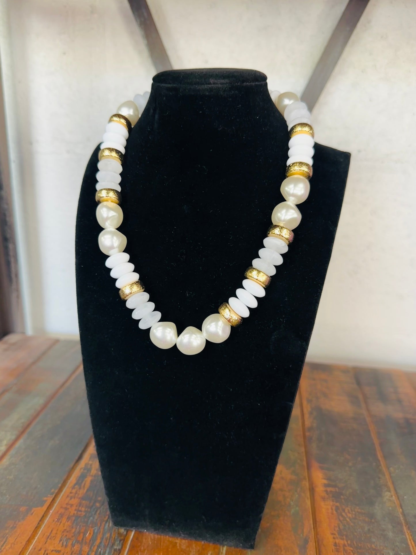 White + Gold Pearl Bead Necklace