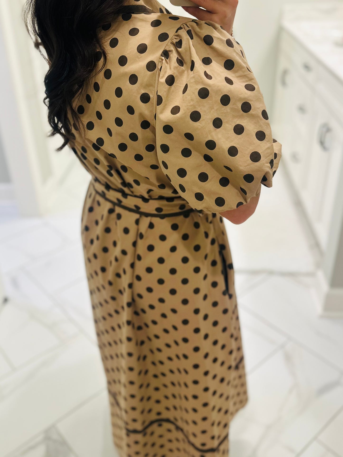 The Tatum Taupe Polka Dot Midi Dress