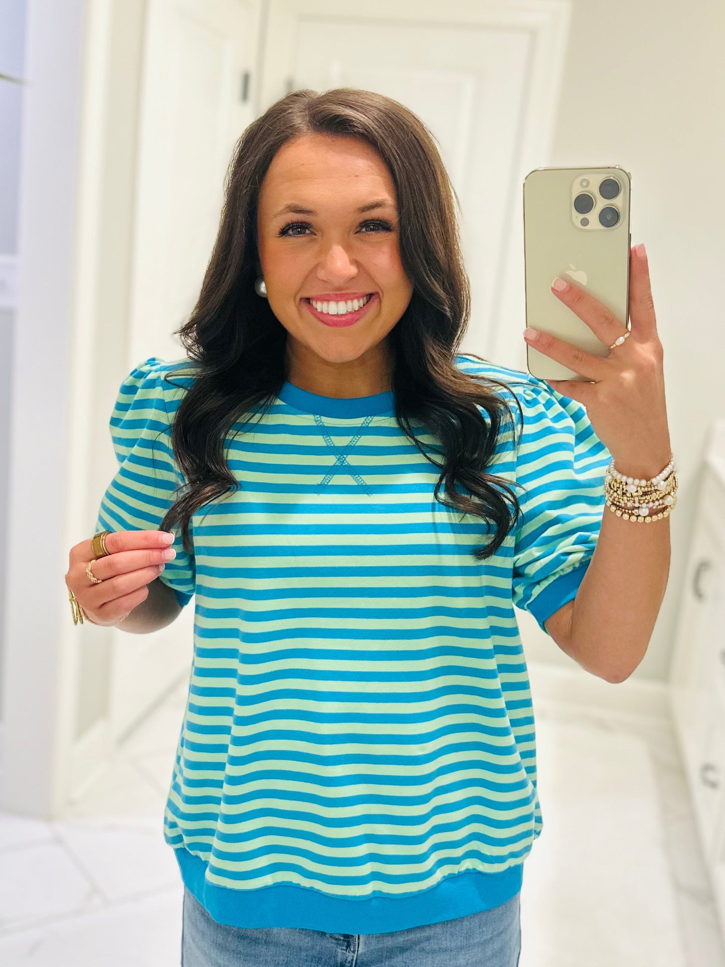 The Summer Blue + Lime Green Striped Puff Sleeve Top