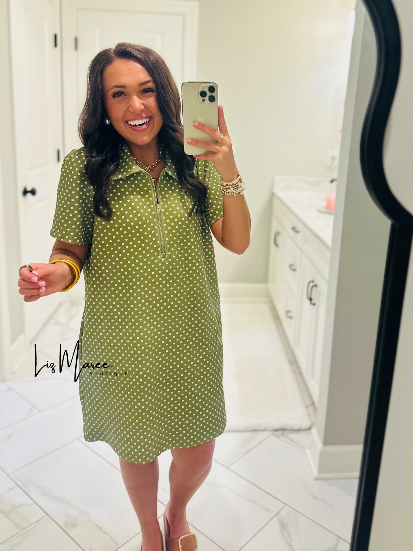 The Hadley Olive Green Polka Dot Quarter Zip Dress