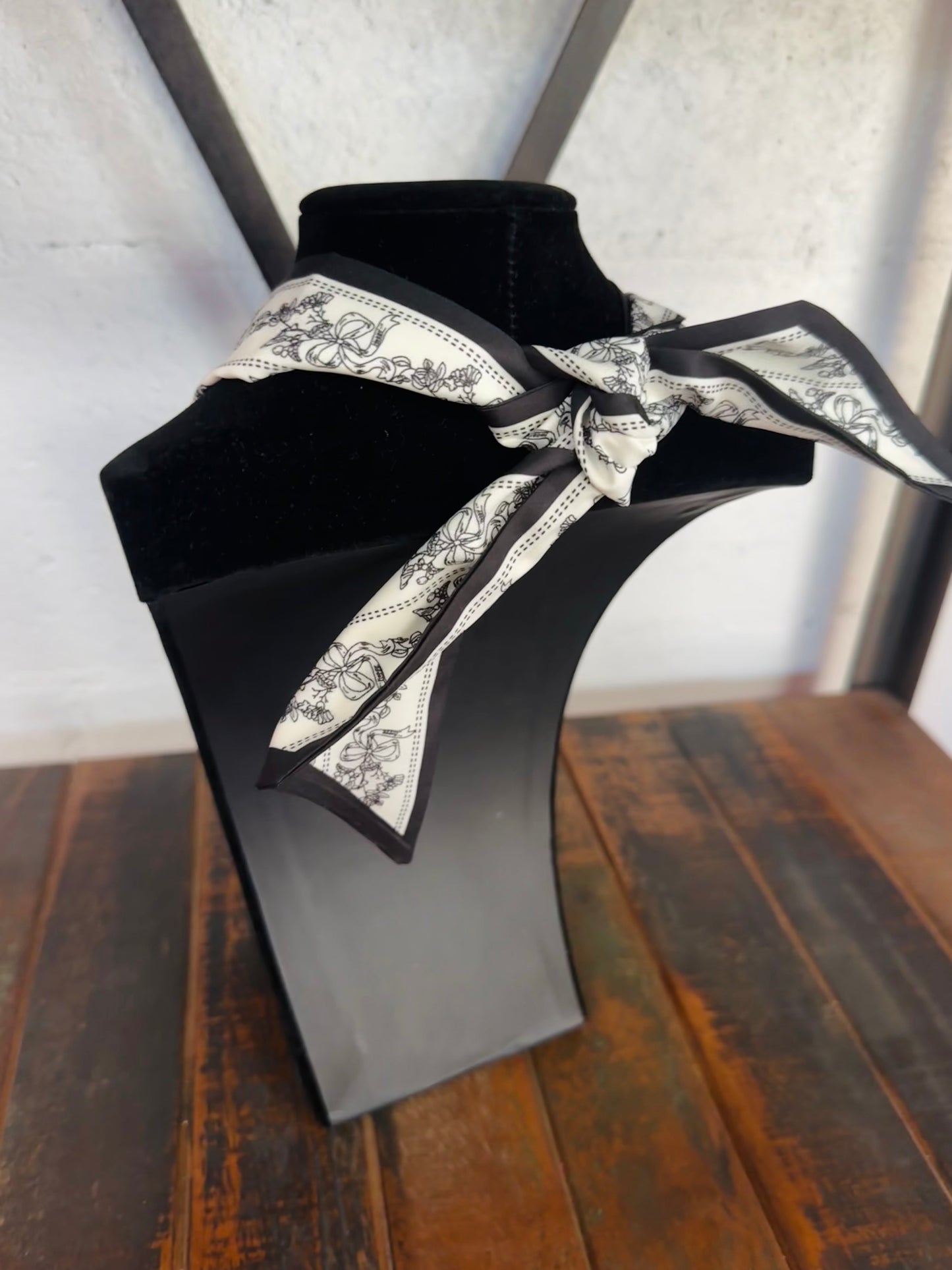 Black Bow Floral Silk Scarf + Gold Bow Pendant