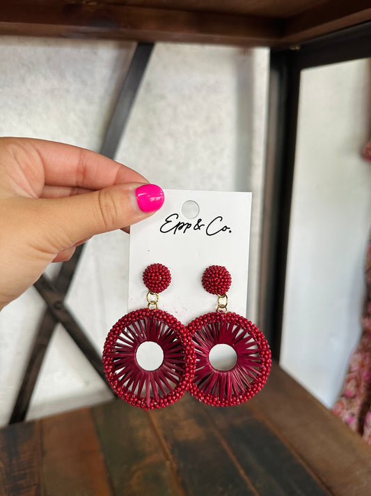 Maroon Beaded Raffia Circle Drops