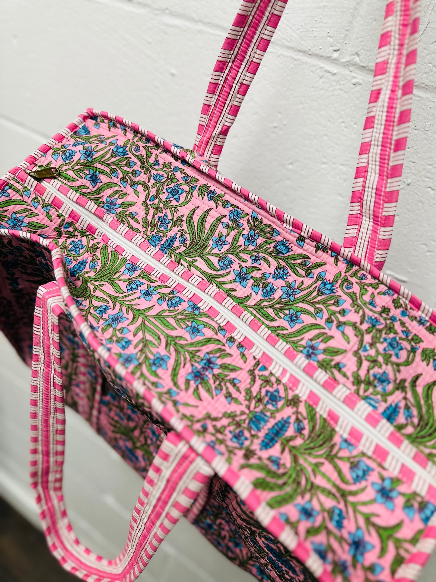 The Pink & Green Floral Quilted Tote Bag