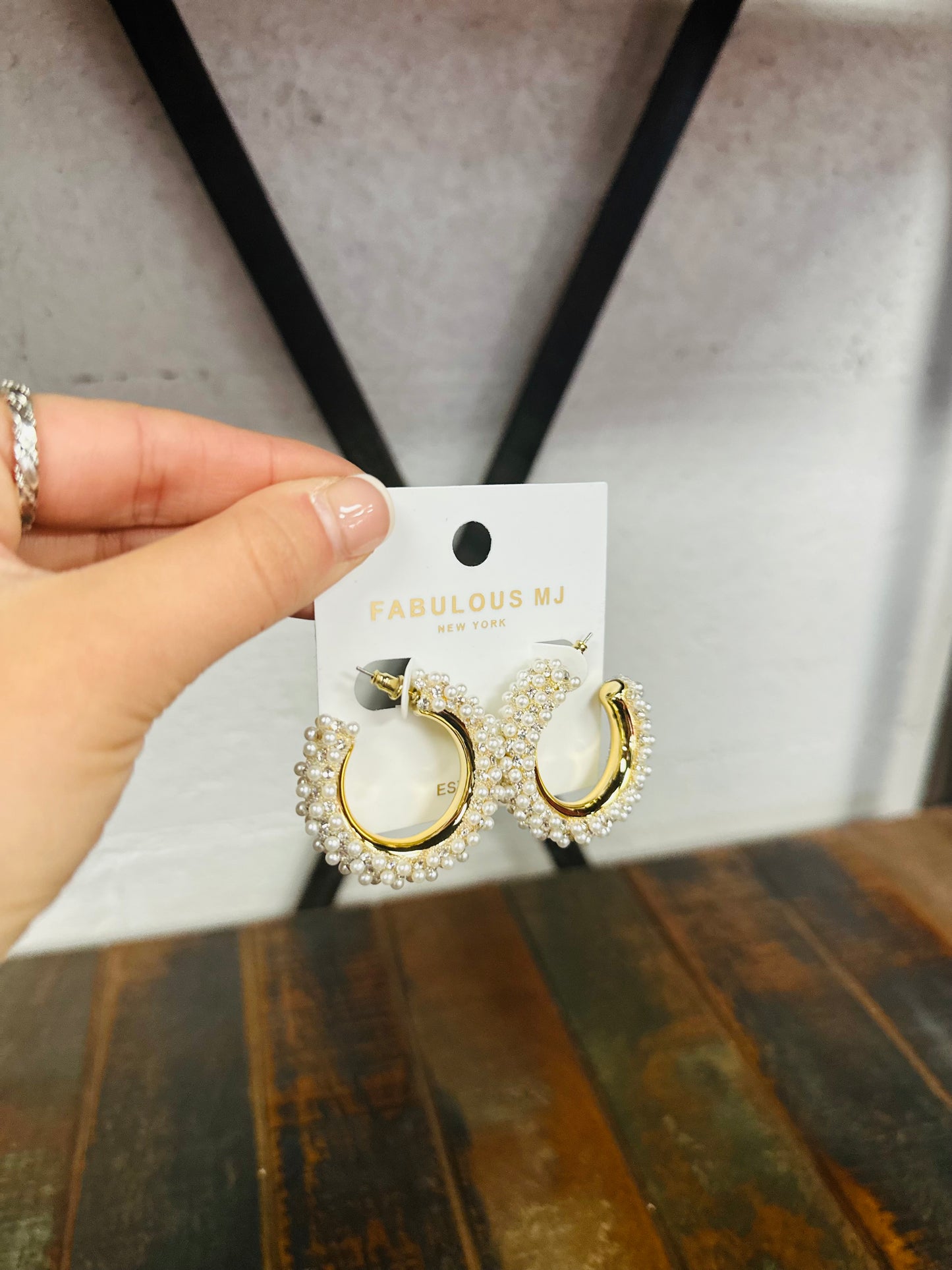 Gold + Cream Pearl Rhinestone Hoop Earring