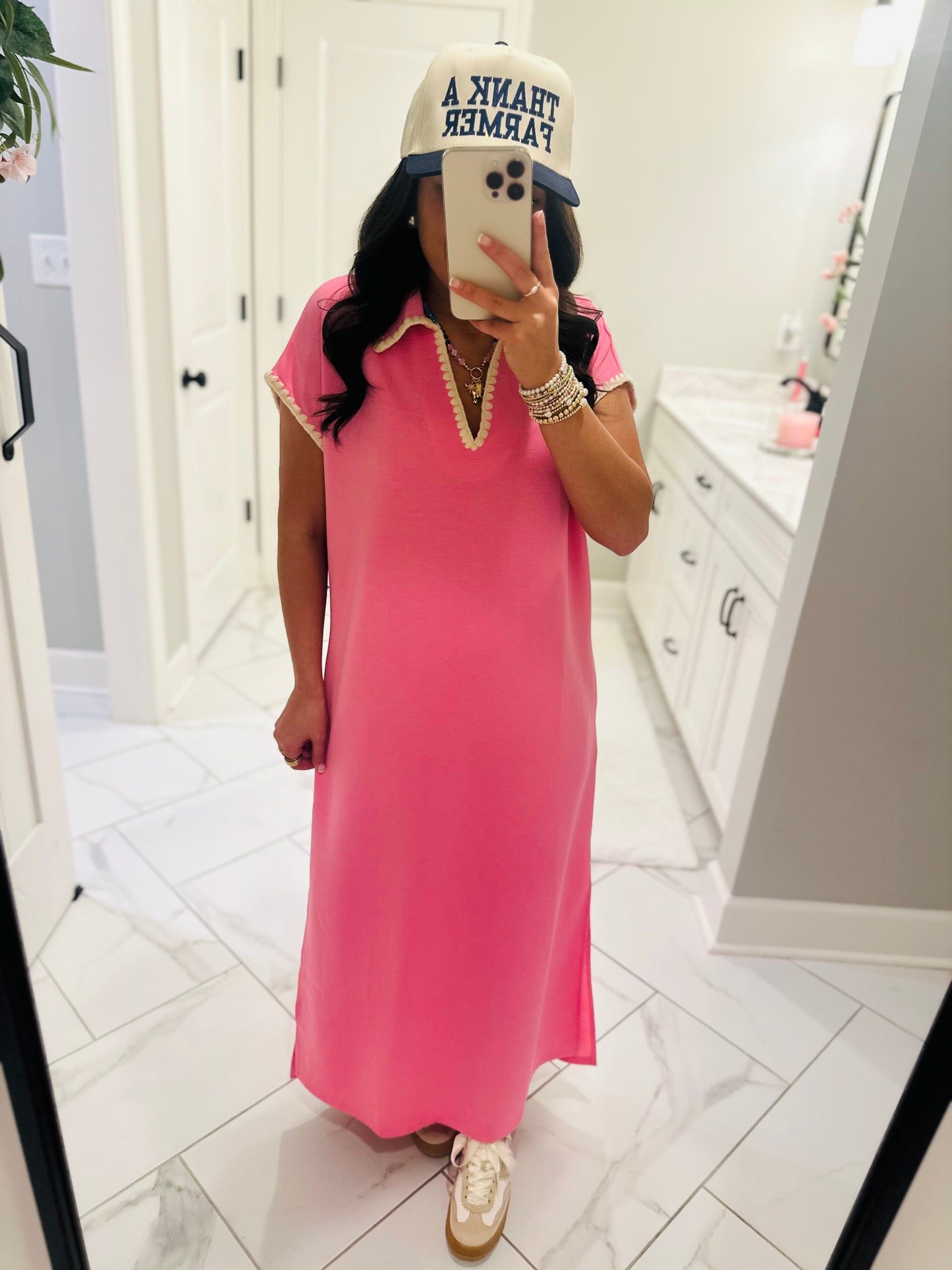 The Sarah Pink Collared Stitch Midi Dress