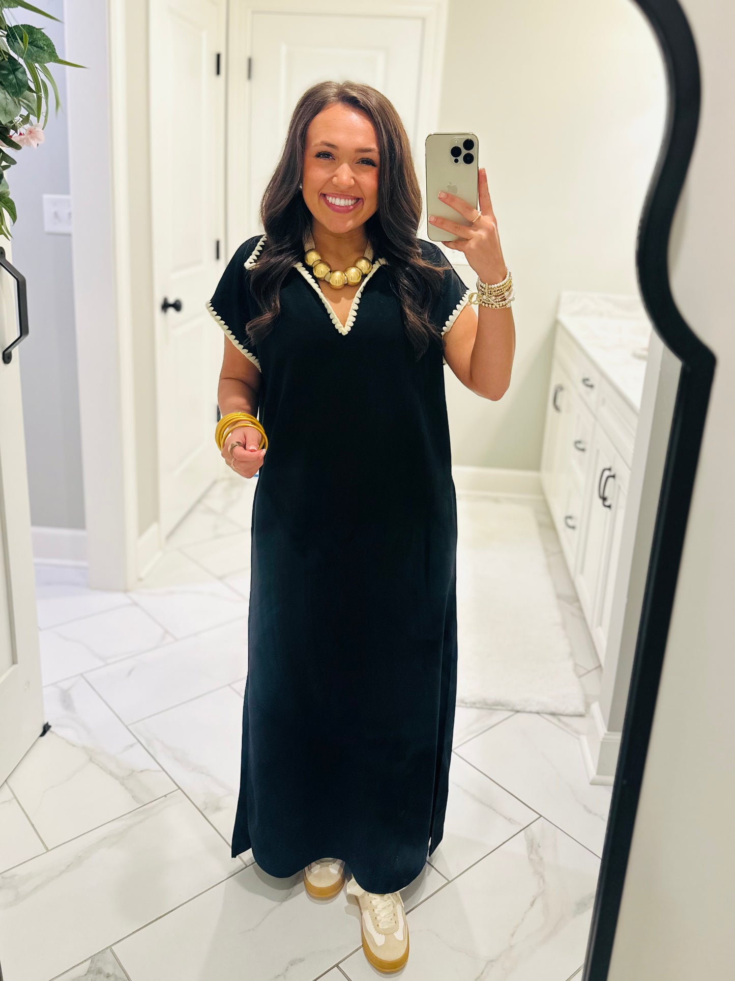 The Sarah Black Collared Stitch Midi Dress