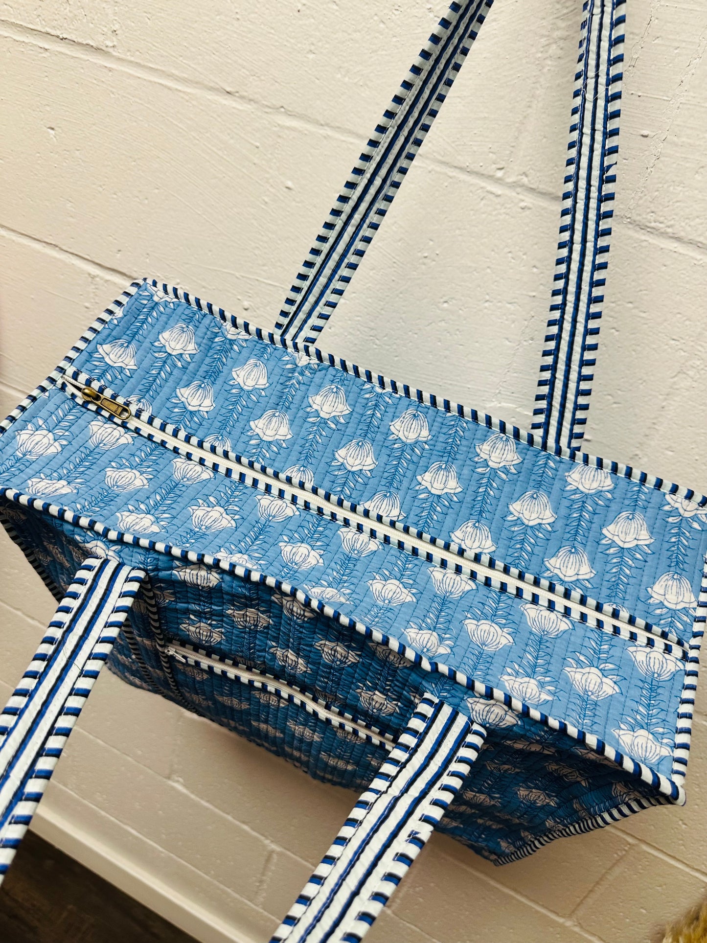 The Sky Blue Floral Quilted Tote Bag