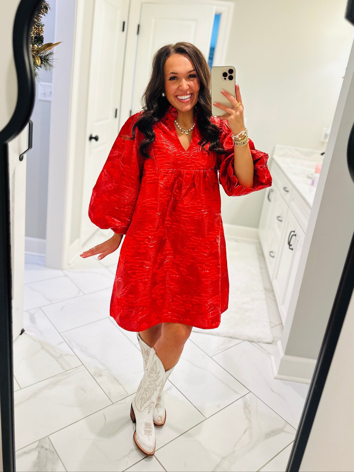 The Clara Red Jacquard Shimmer Dress