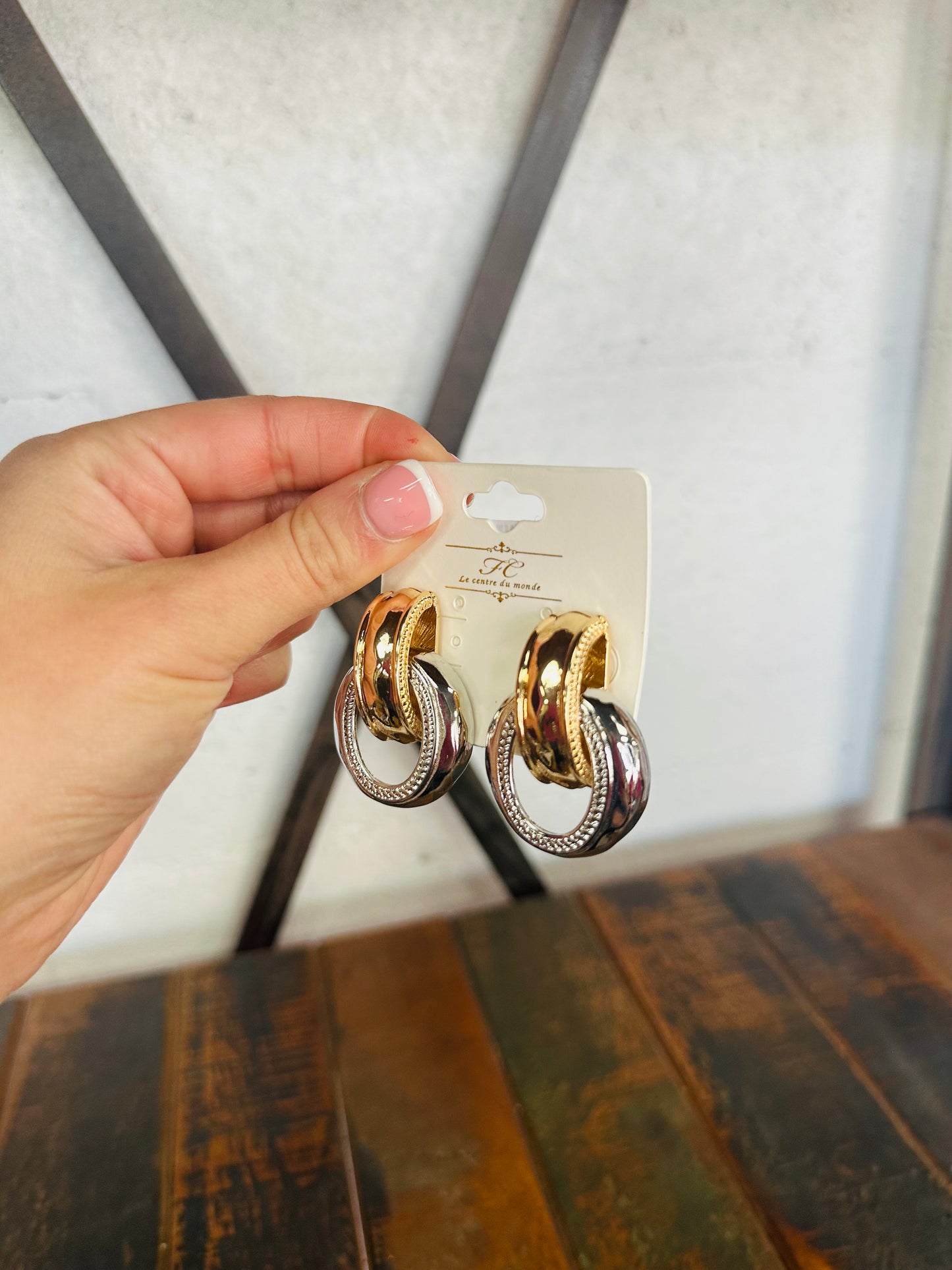 Two Tone Textured Dangle Earring