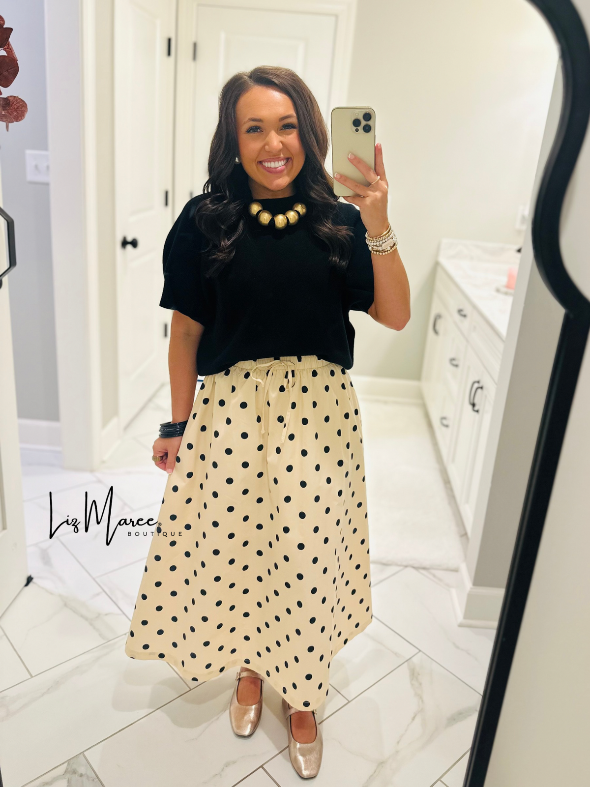 The Olivia Cream + Black Polka Dot Midi Skirt