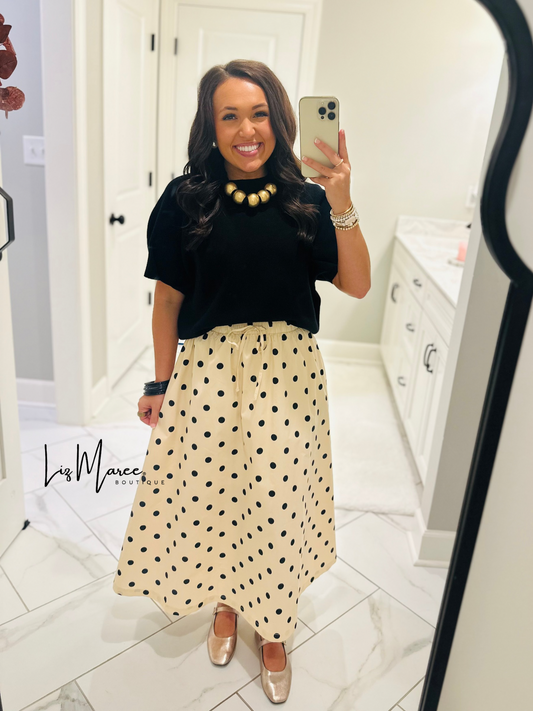 The Olivia Cream + Black Polka Dot Midi Skirt