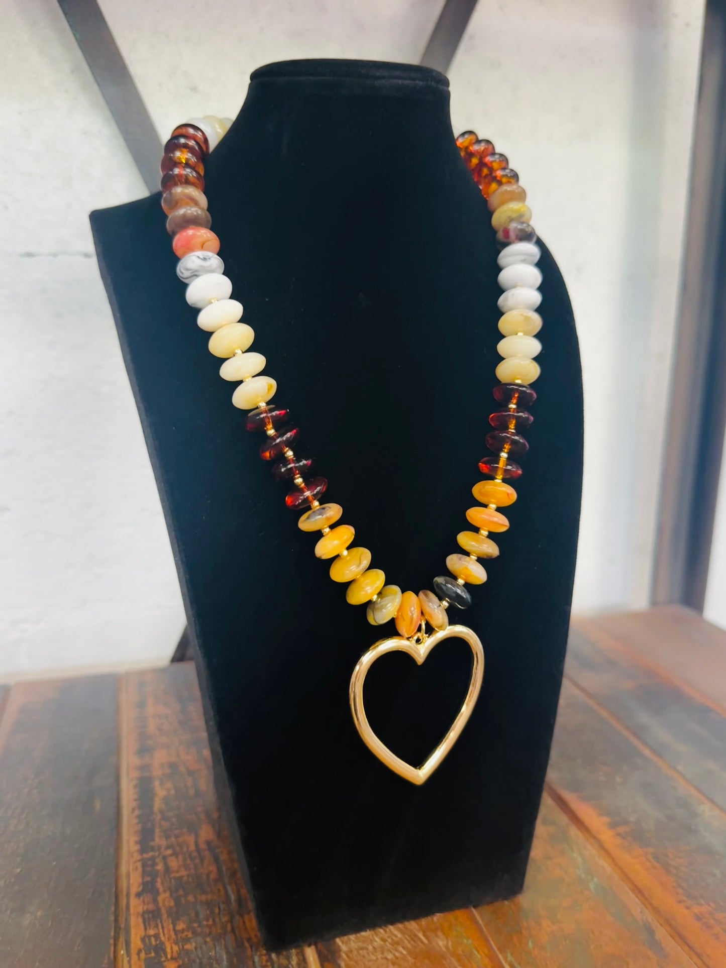 Beige Marble Bead Heart Pendant Necklace