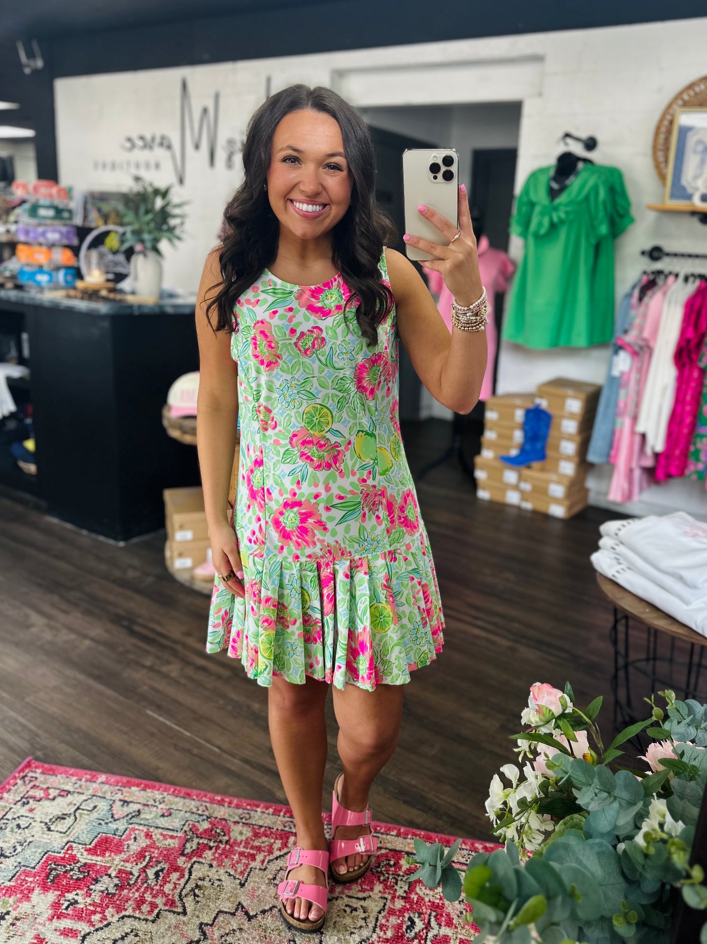 The Sunlee Pink Floral Pleated Dress