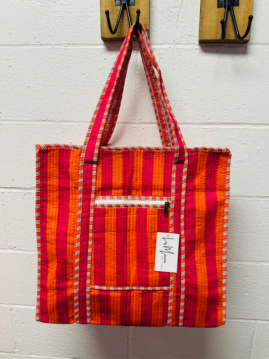 The Pink + Orange Striped Quilted Tote Bag