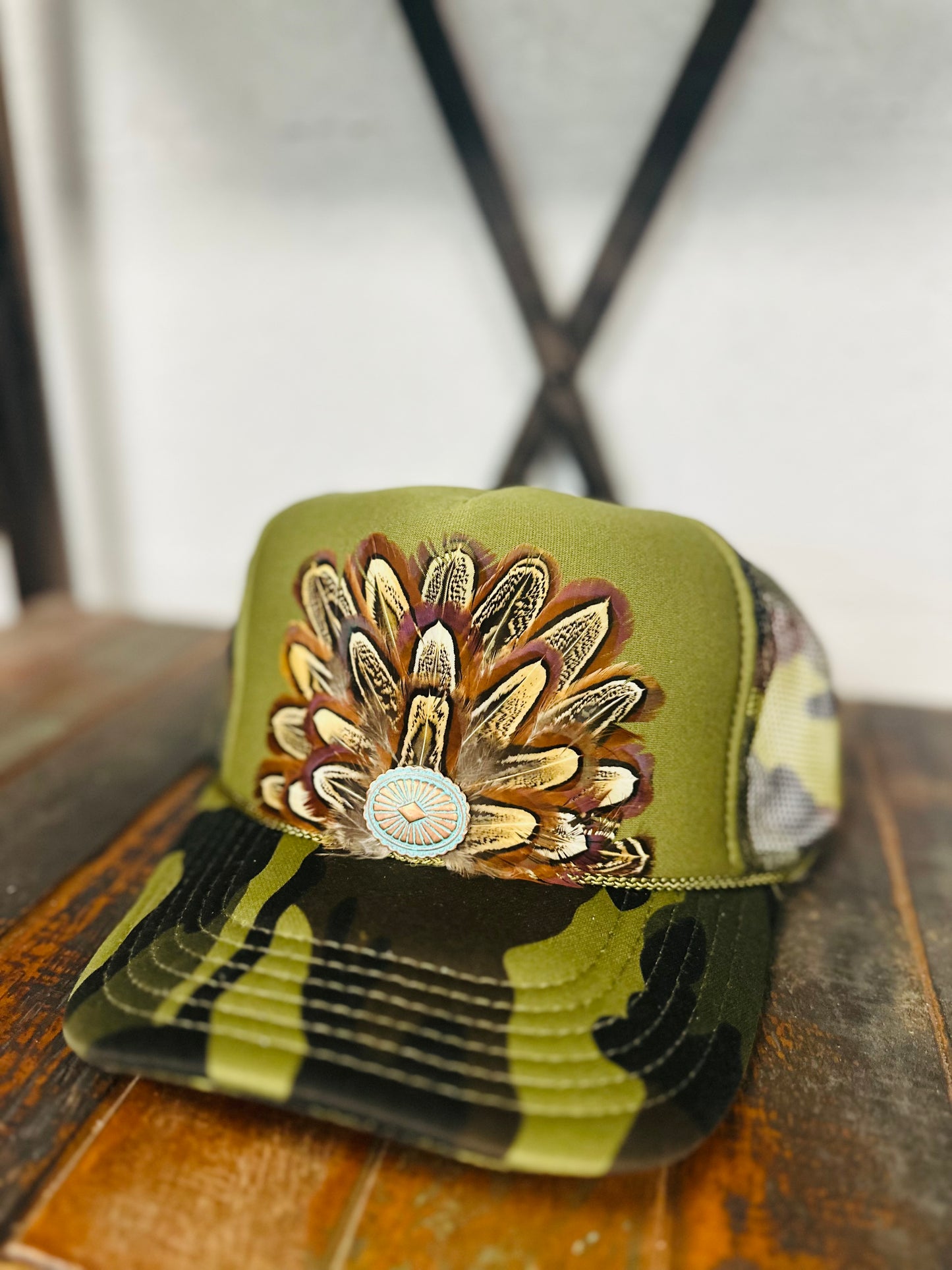 Brown Feather + Turquoise Concho Camo Trucker Hat