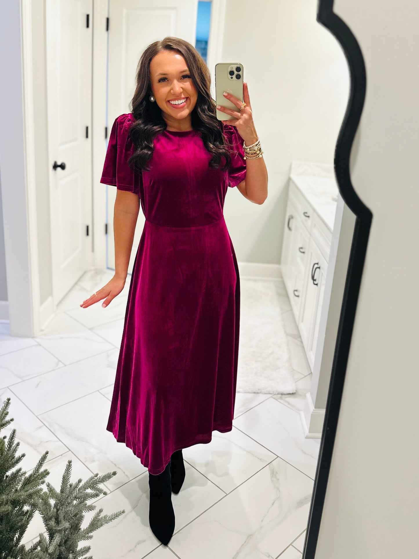 The Mary Magenta Velvet A-line Midi Dress