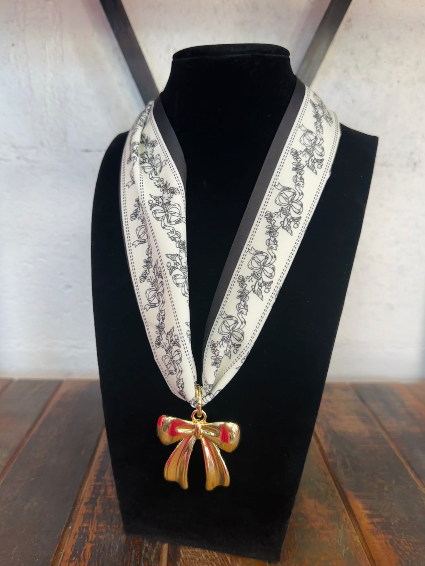 Black Bow Floral Silk Scarf + Gold Bow Pendant