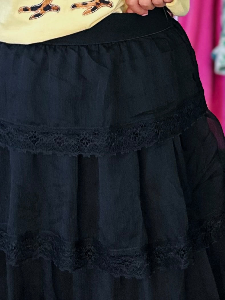 The June Black Tiered Chiffon Lace Trim Maxi Skirt
