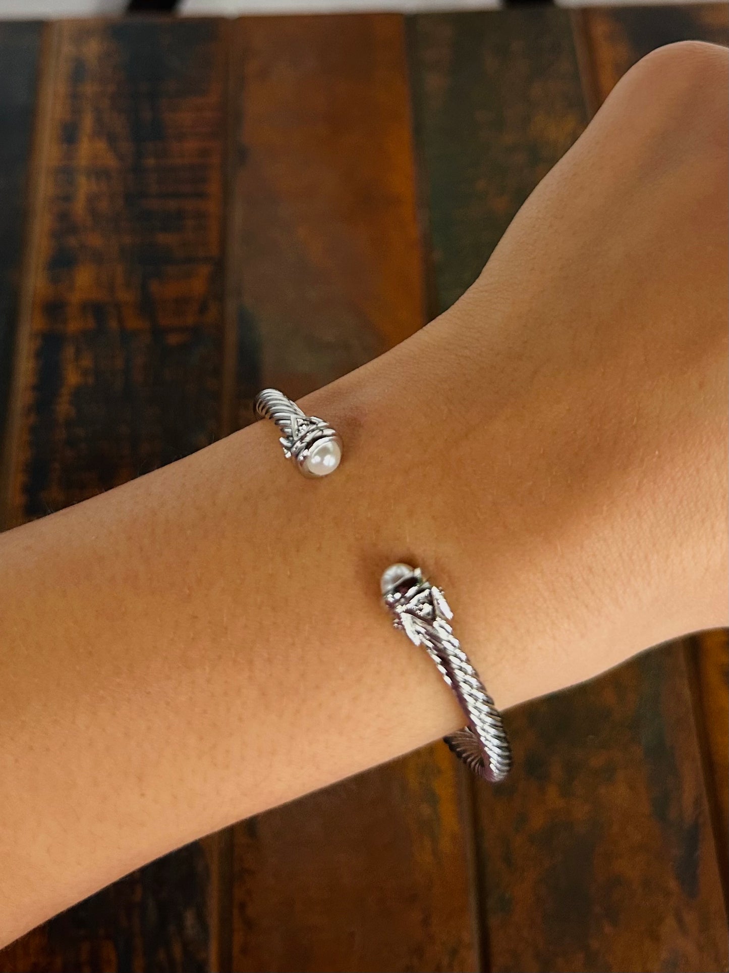 Silver Pearl End Cable Cuff Bracelet