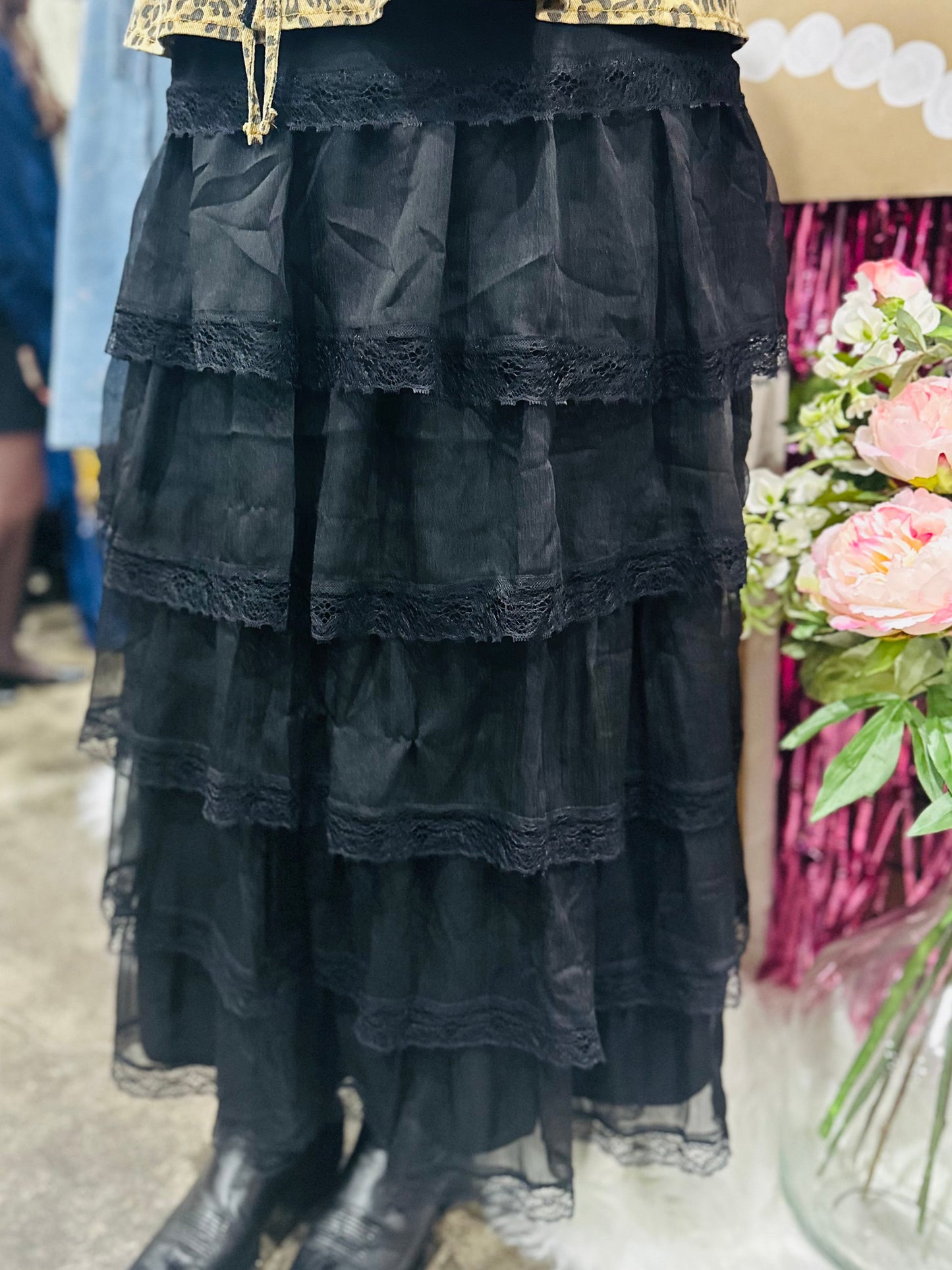 The June Black Tiered Chiffon Lace Trim Maxi Skirt