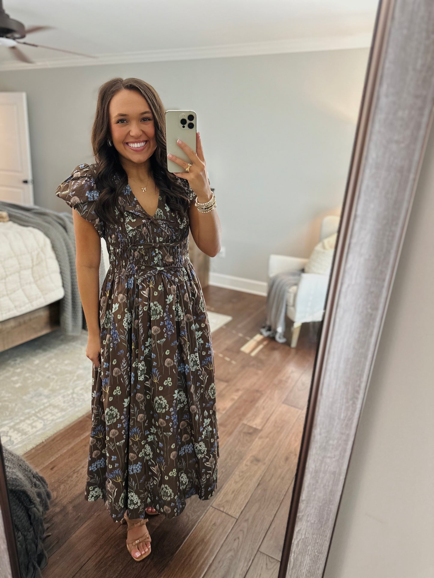The Stella Brown Floral Bow Front Midi Dress