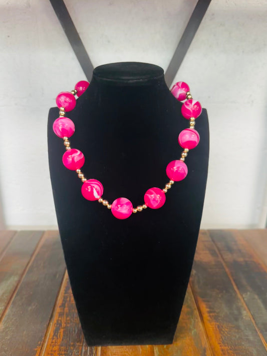 20mm Fuchsia + Gold Pearl Ball Bead Necklace