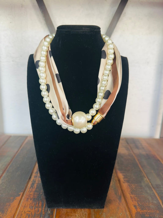 Brown + Cream Polkadot Pearl Layered Scarf Necklace