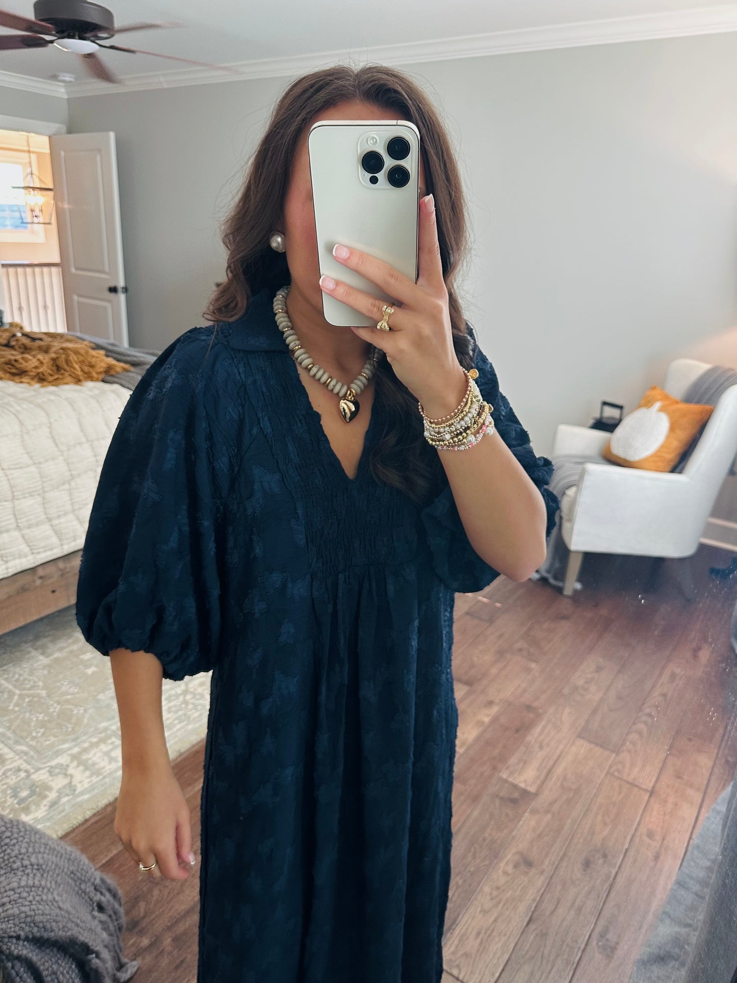 The Mina Navy Textured Midi Dress