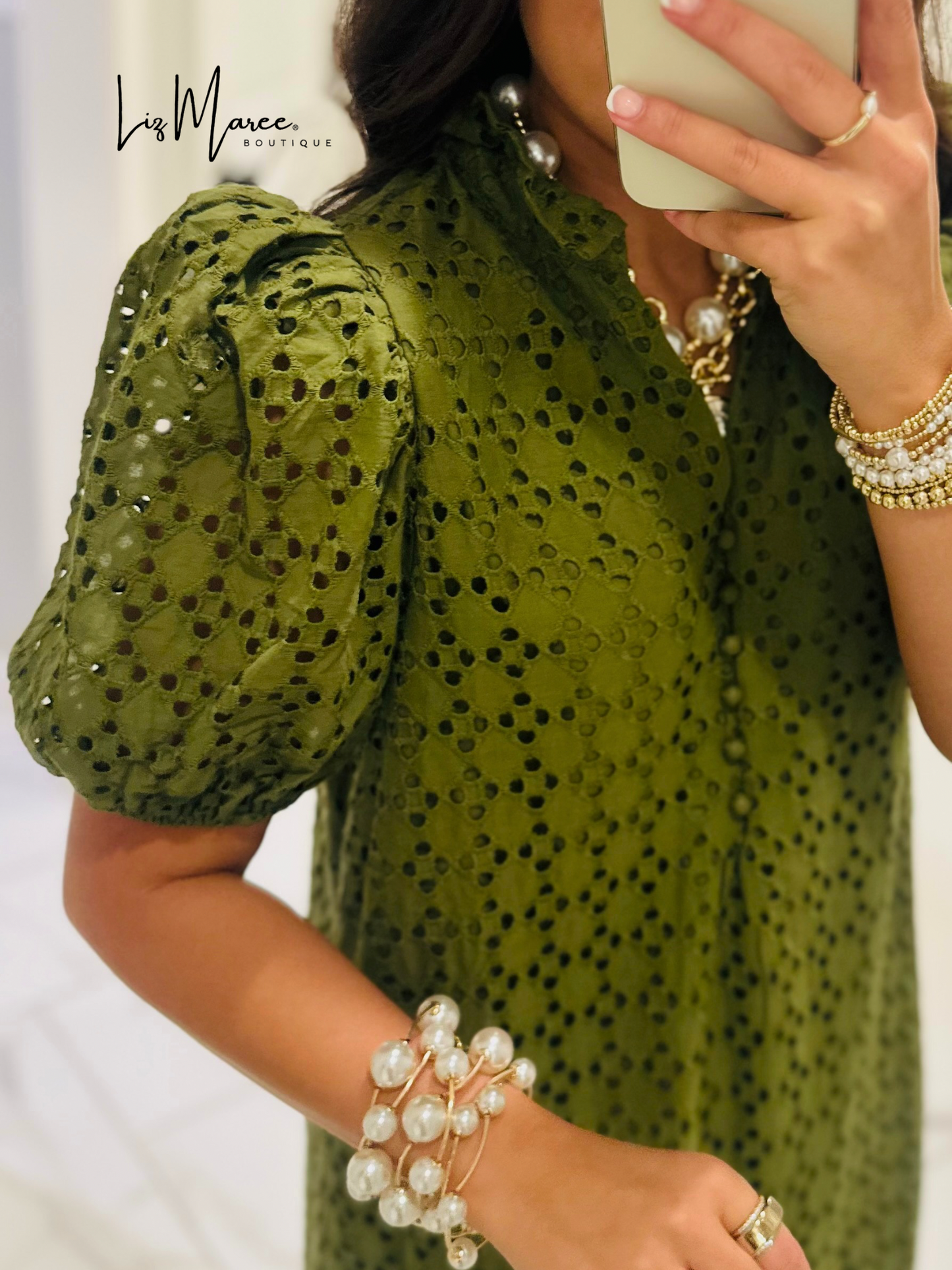 The Liz Olive Green Eyelet Midi Dress
