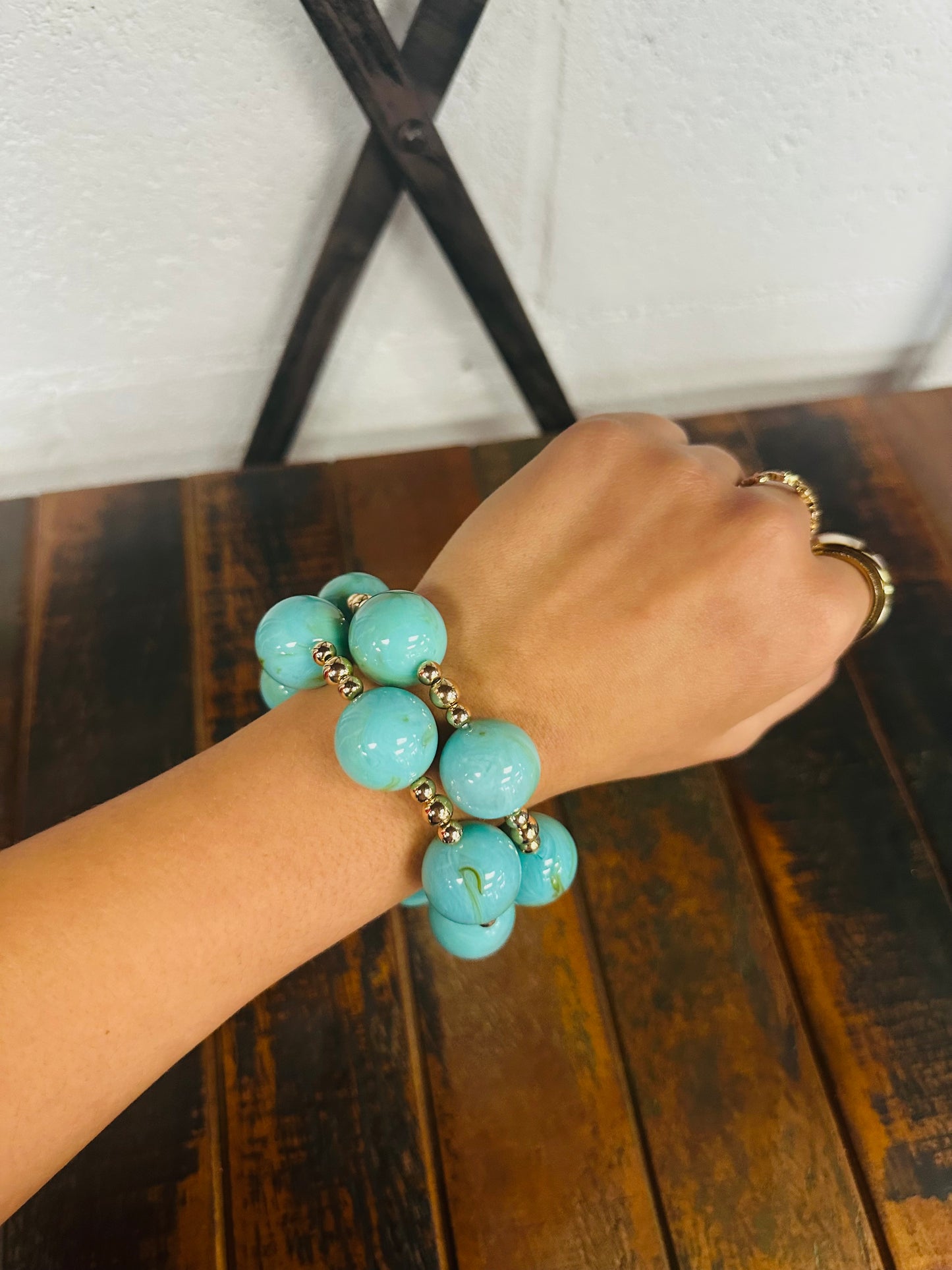 Turquoise + Gold Marble Ball Bracelet Set
