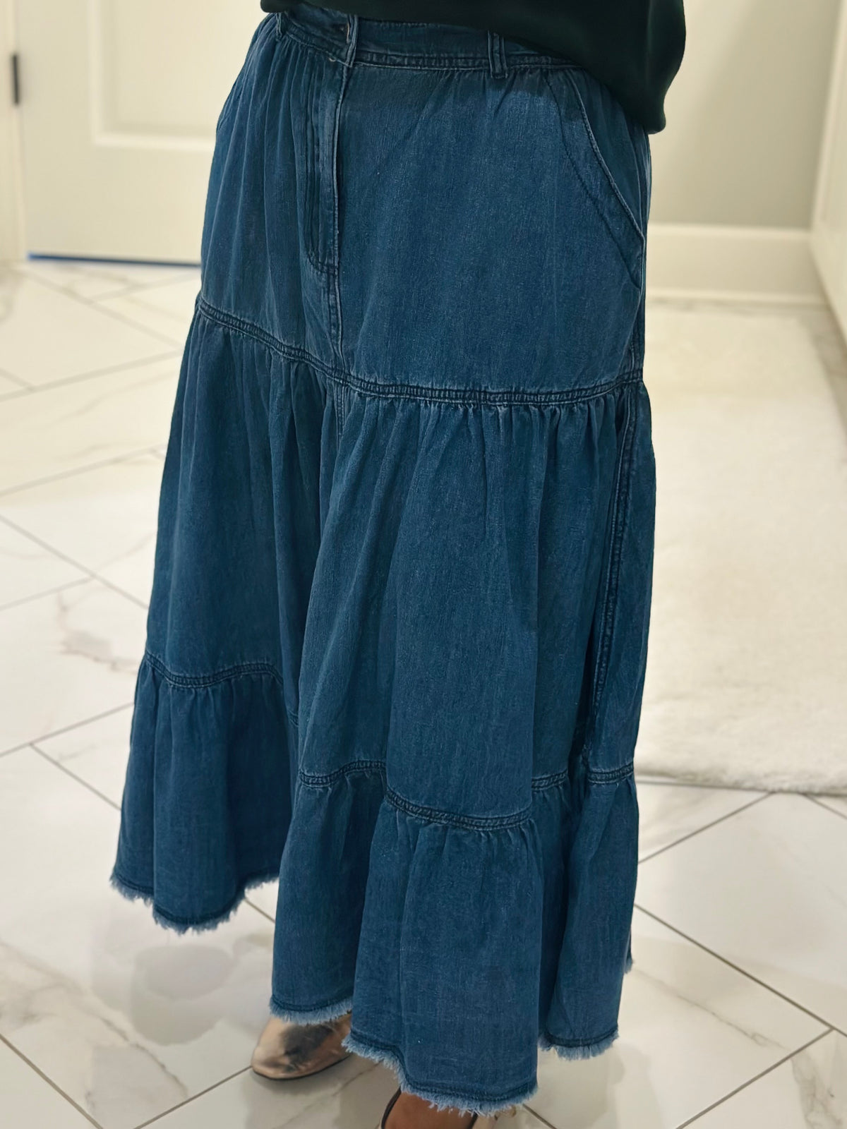 The Callie Denim Tiered Midi Skirt