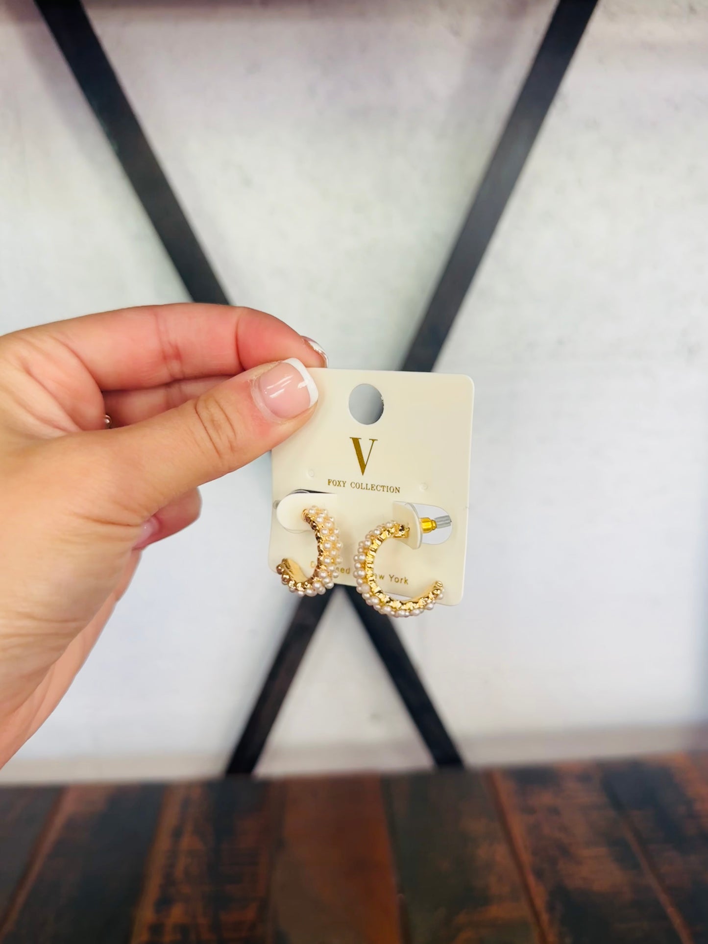 Cream + Gold Pave Pearl Hoops