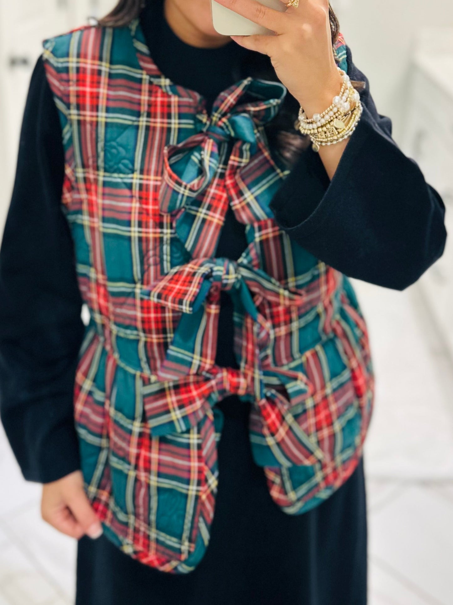 The Charity Green Plaid Quilted Bow Vest