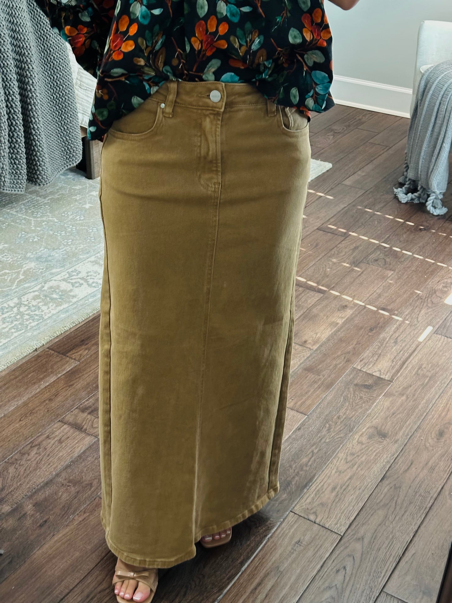 The Mocha High Rise Back Slit Long Denim Skirt