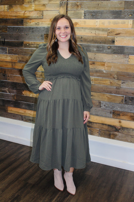 The Aubrey Dark Olive Smocked Midi Dress