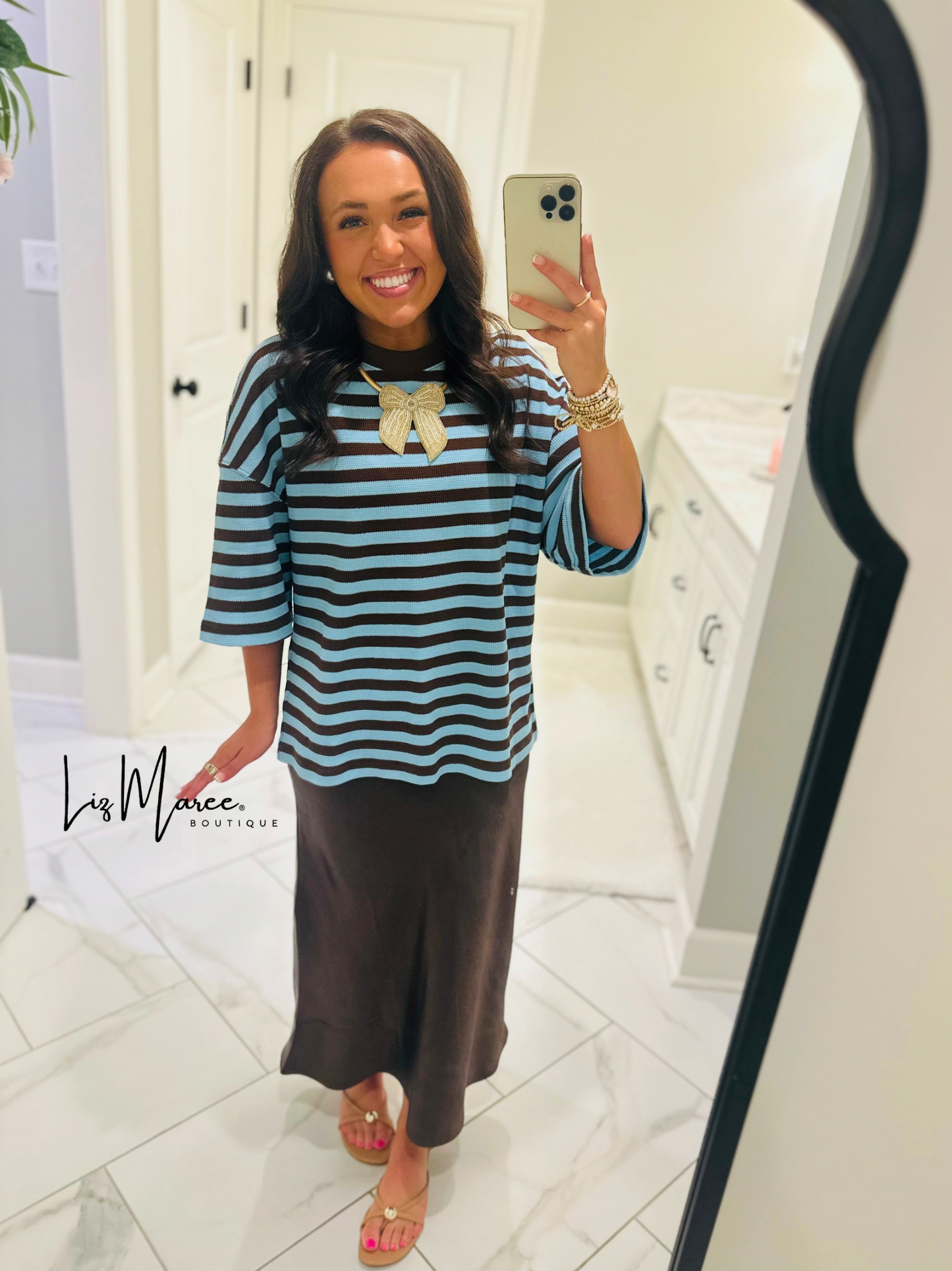 The Everly Blue + Brown Striped Knit Top