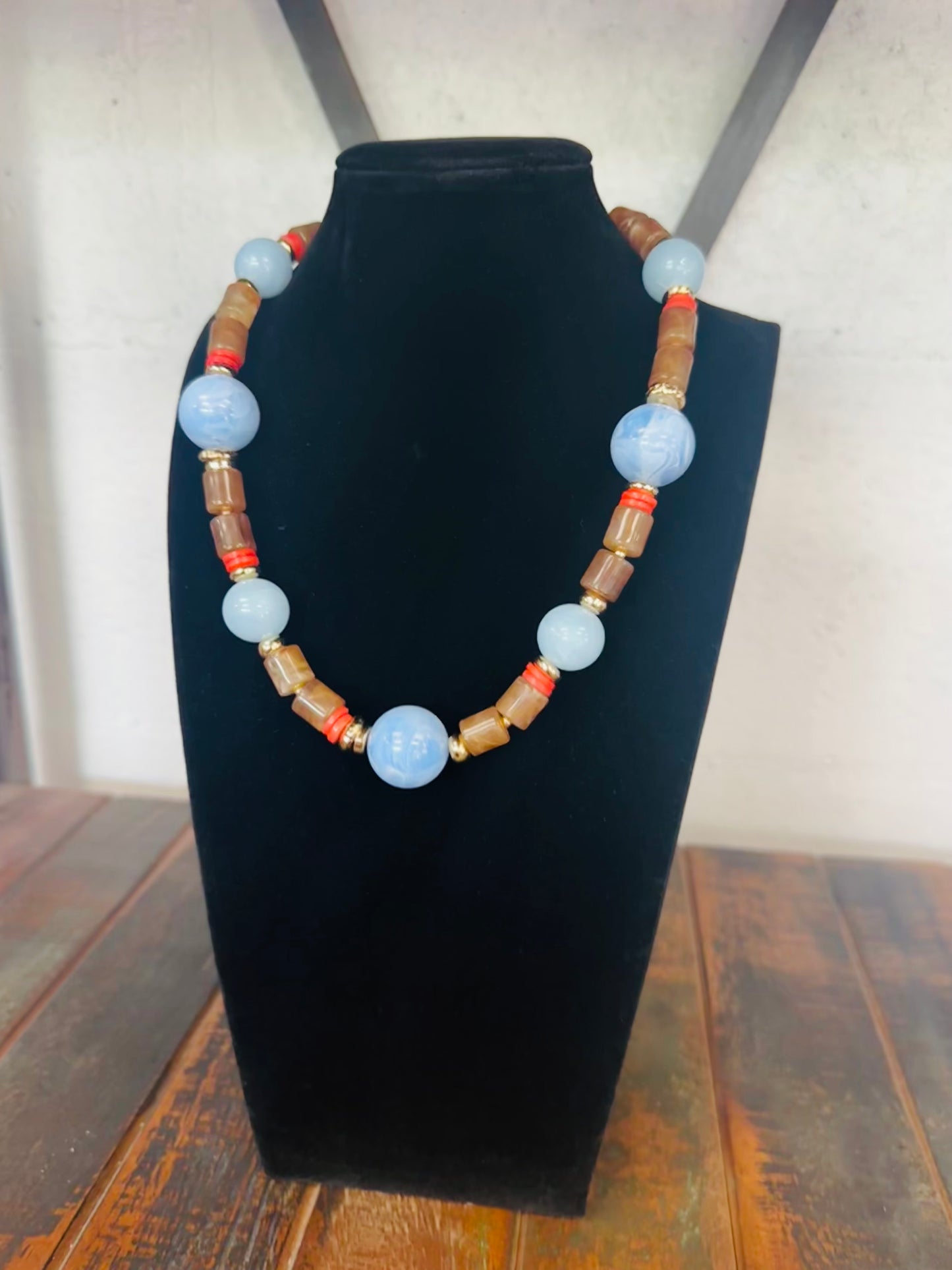 Light Blue Stone Ball Mixed Beaded Necklace