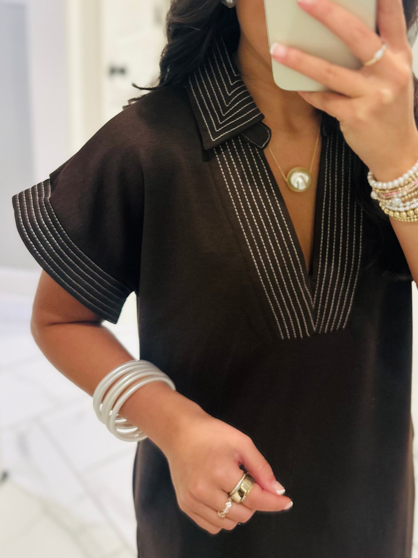 The Parker Brown Collared Stitch Midi Dress