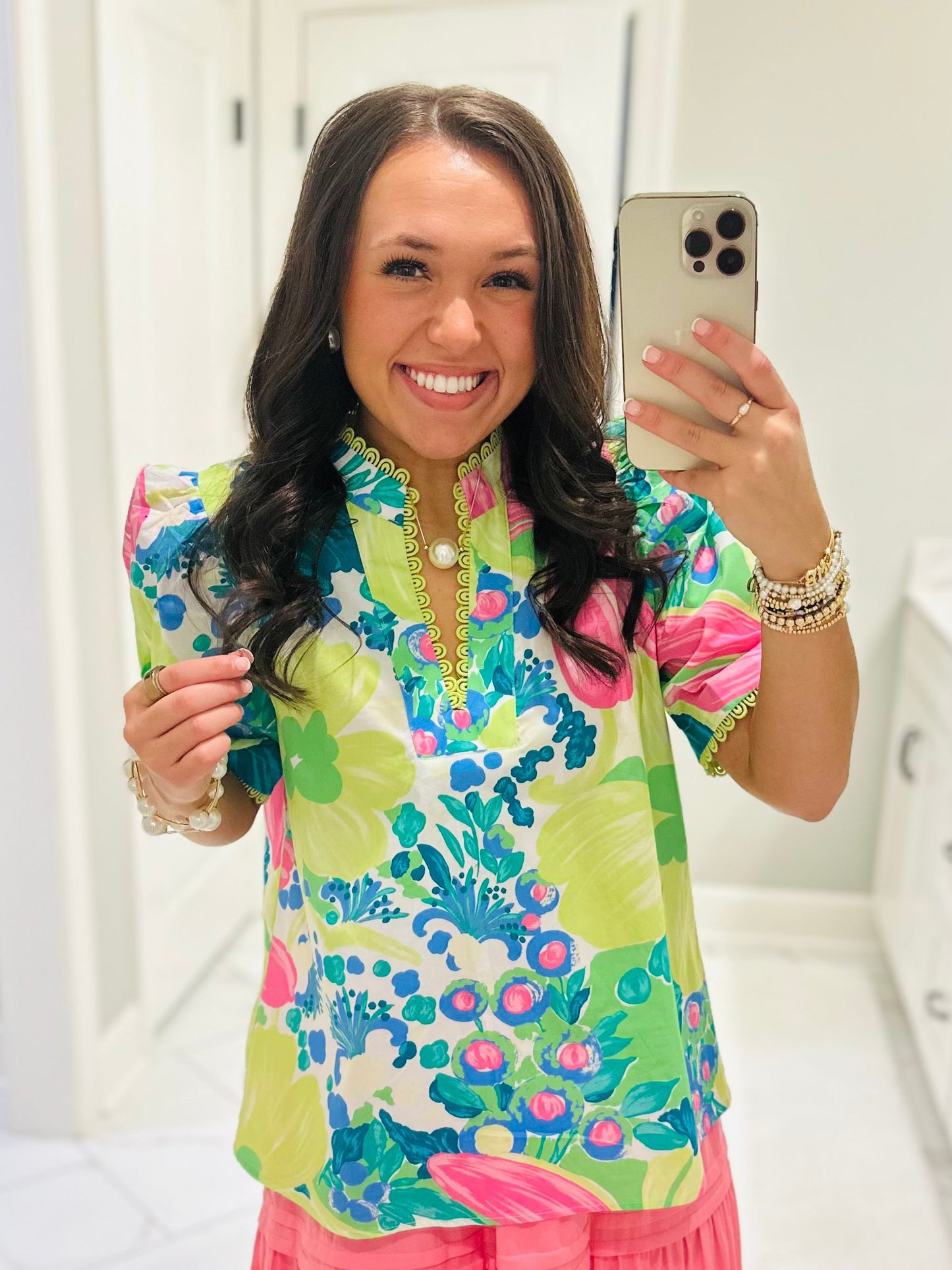 The Remi Lime Green Floral Scallop Trim Top