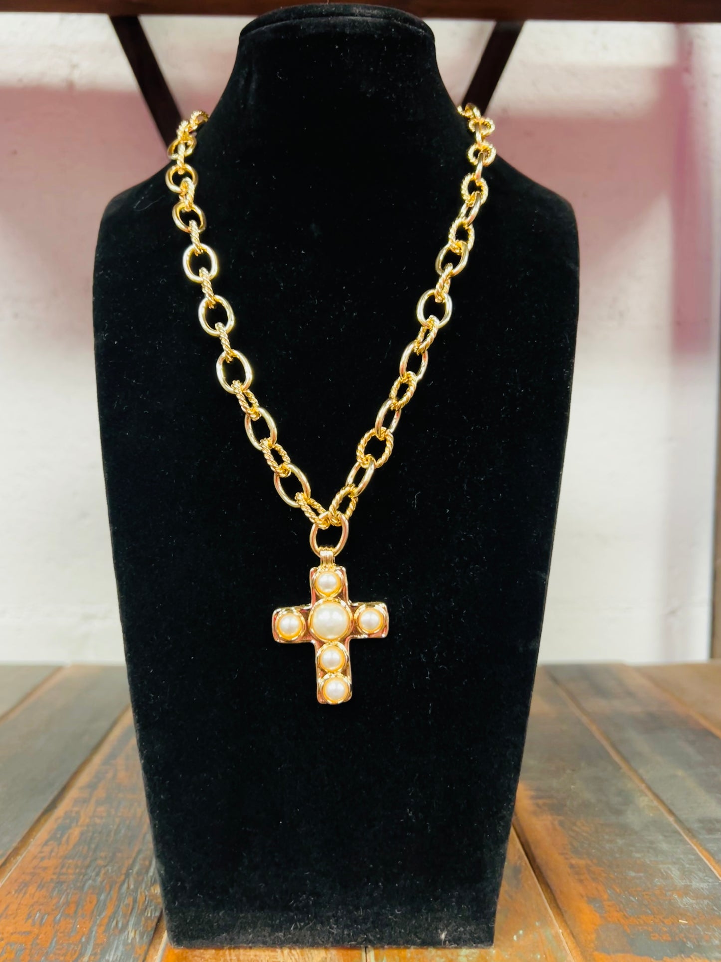 Gold Pave Pearl Cross Necklace
