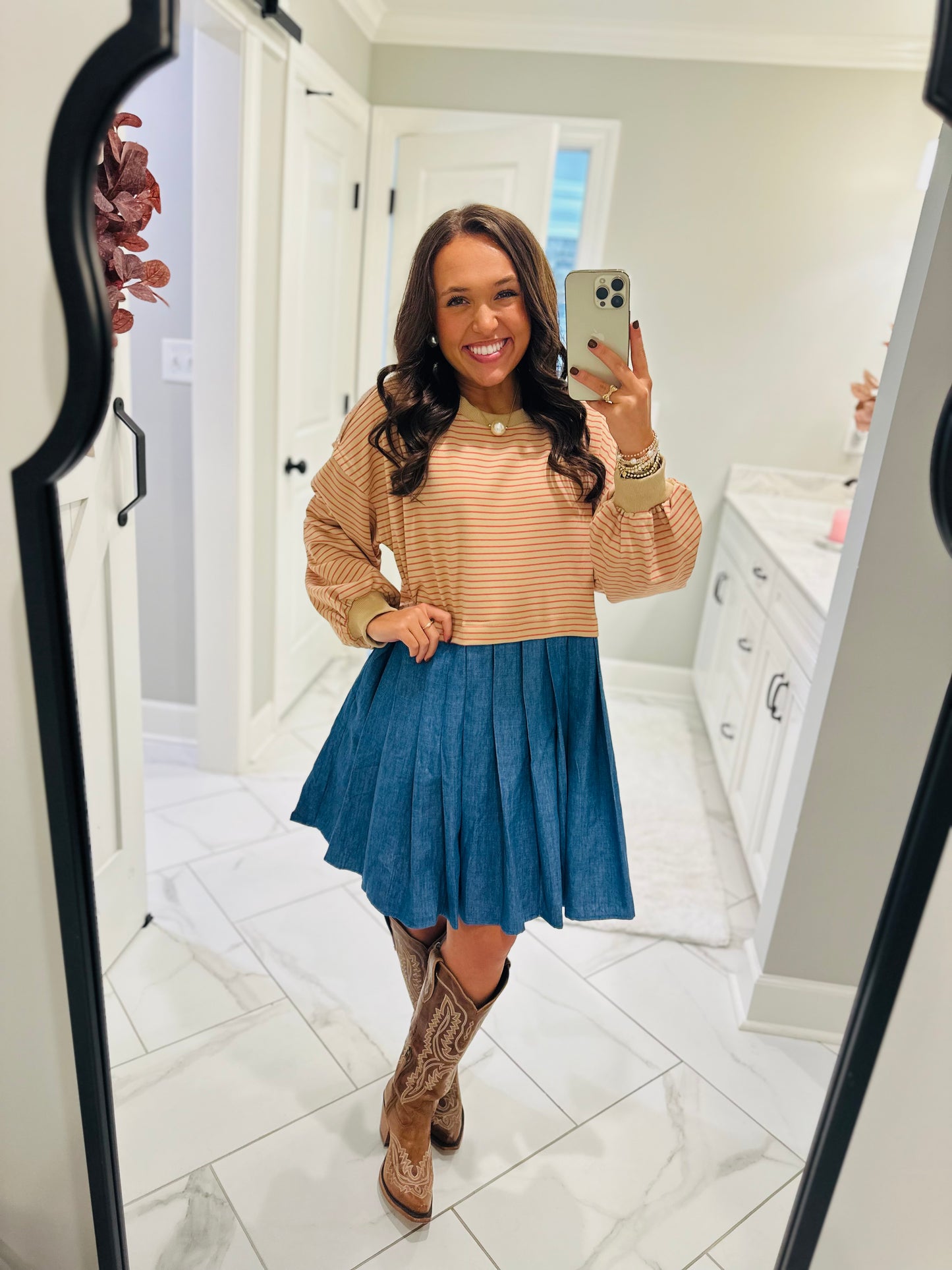 The Ella Long Sleeve Pleated Dress - Taupe / Denim