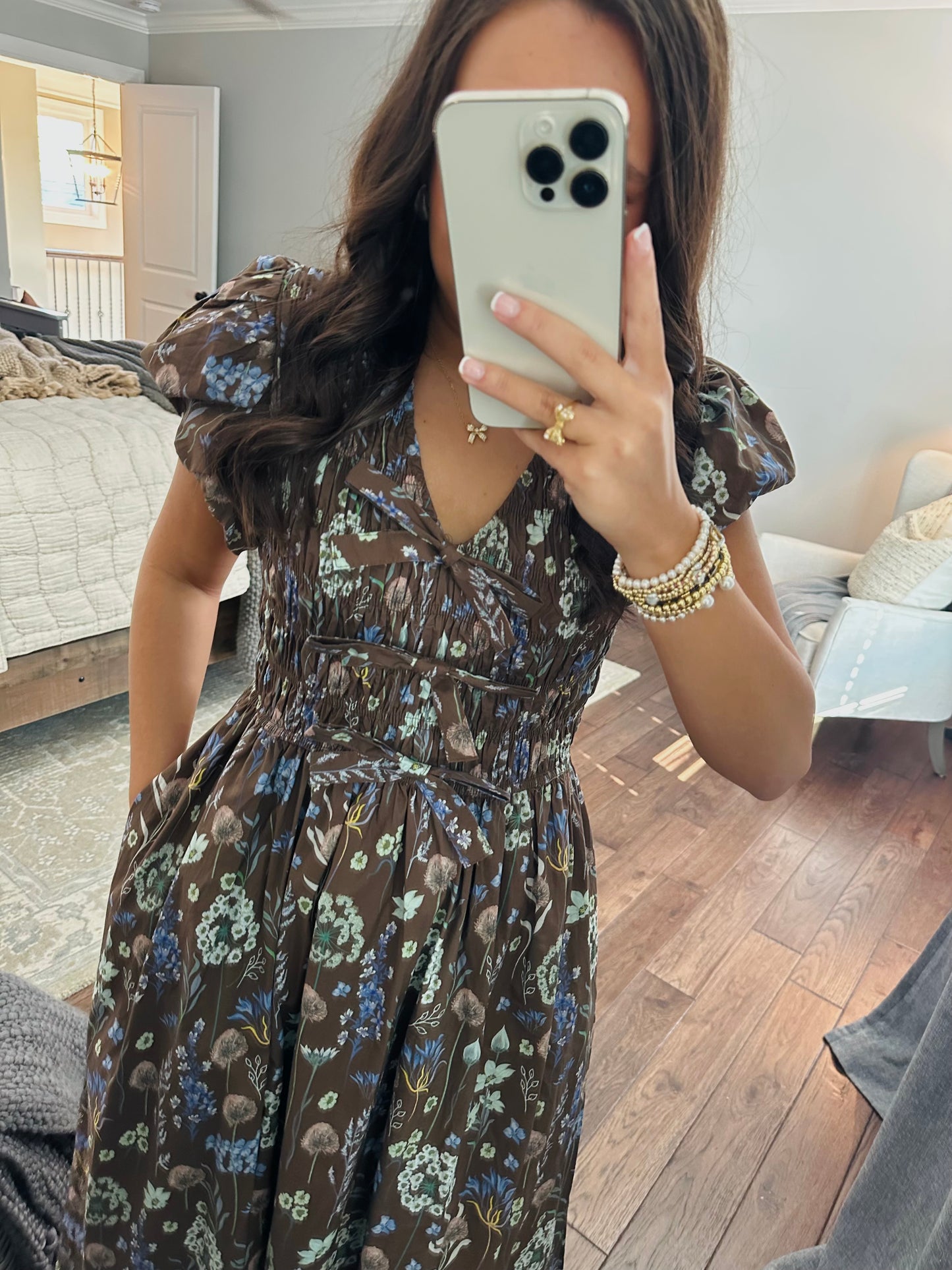 The Stella Brown Floral Bow Front Midi Dress