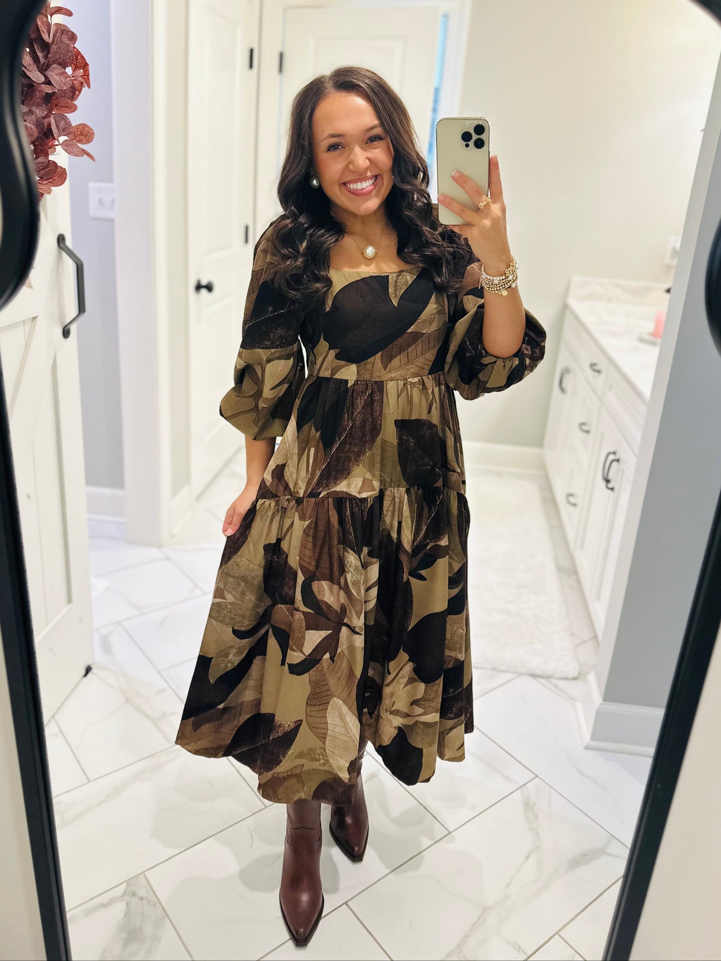 The Loretta Mocha Leaf Midi Dress