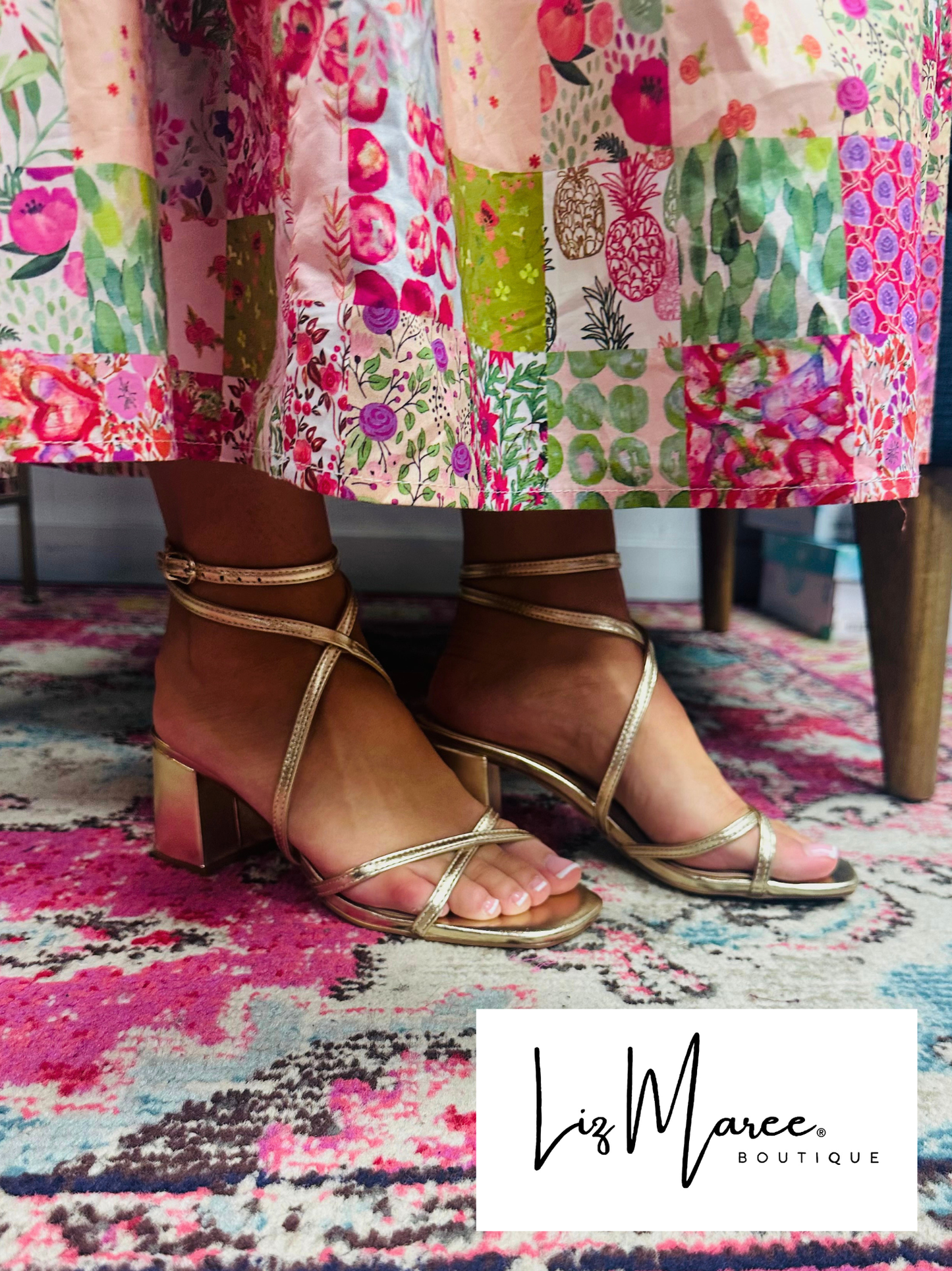 The Sansana Gold Square Toe Block Heel