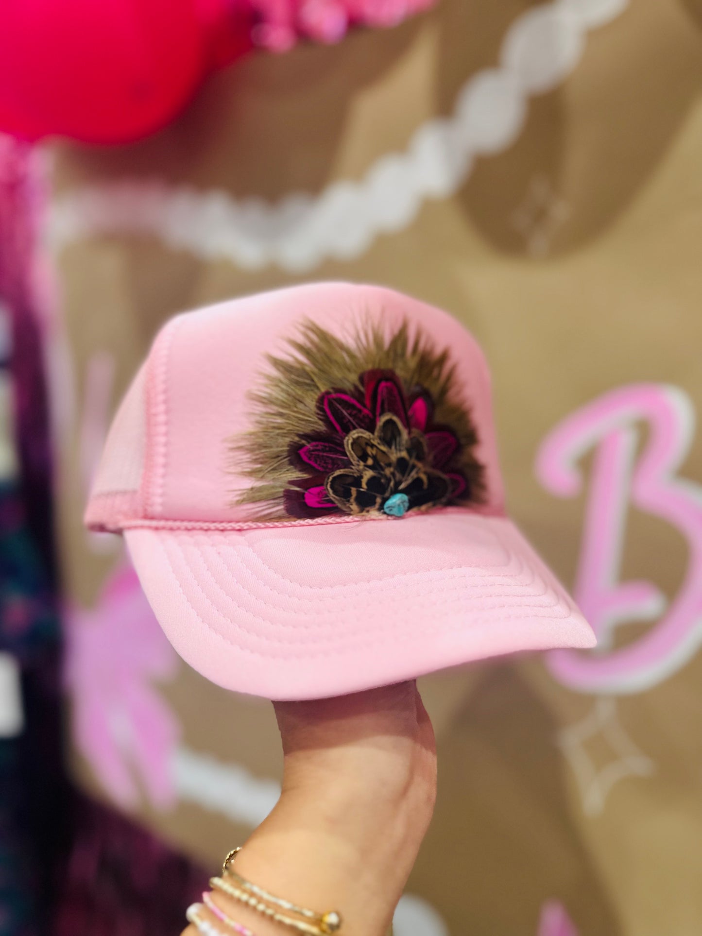 Baby Pink Feather Trucker Hat