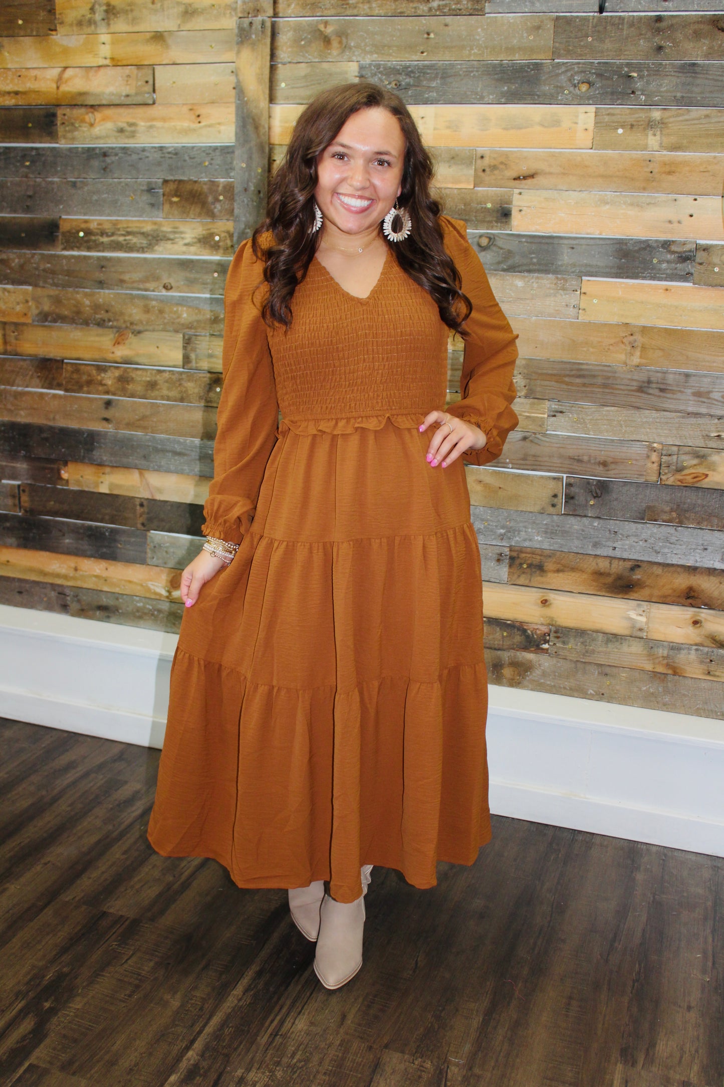 The Aubrey Copper Smocked Midi Dress