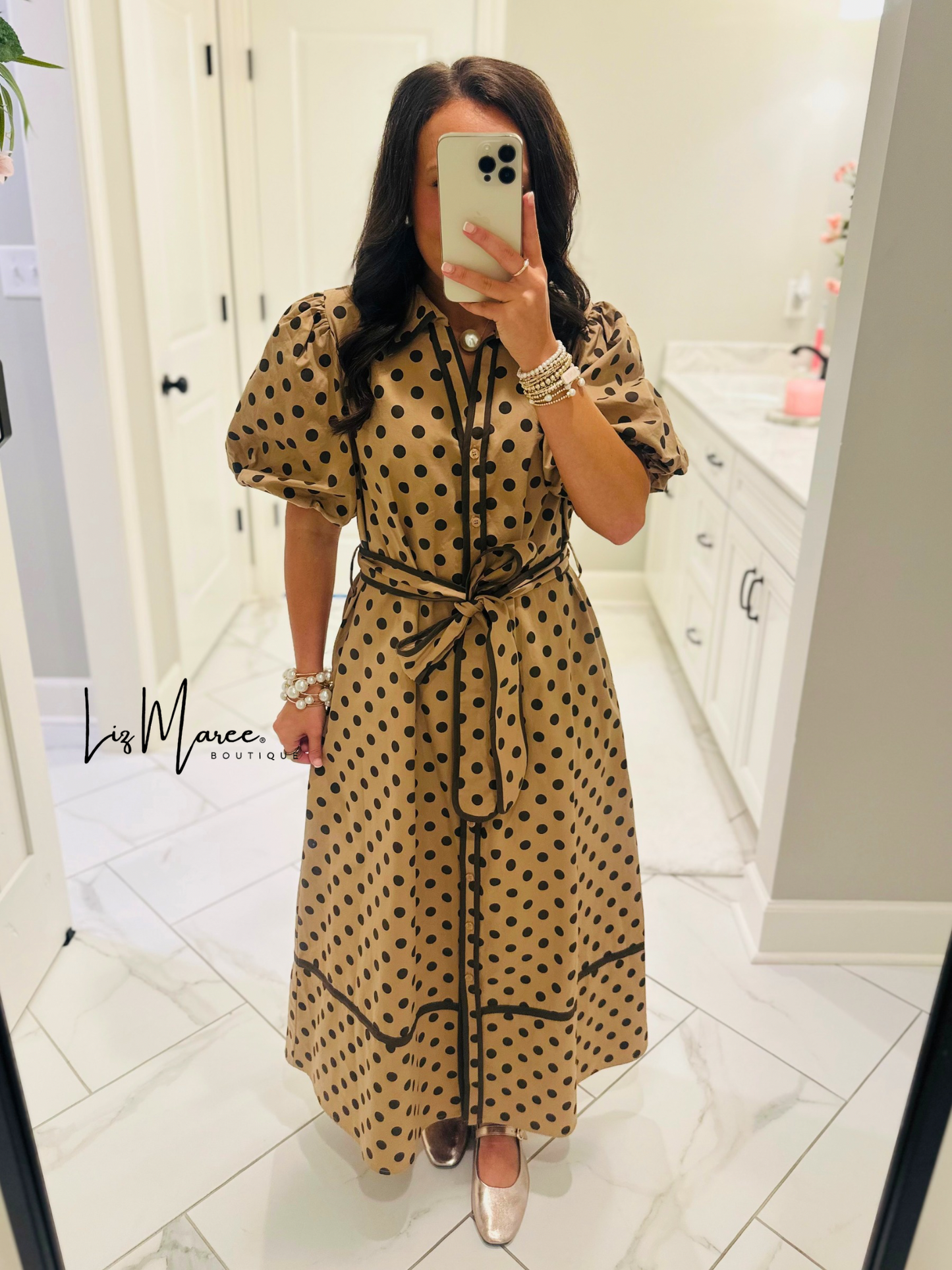The Tatum Taupe Polka Dot Midi Dress