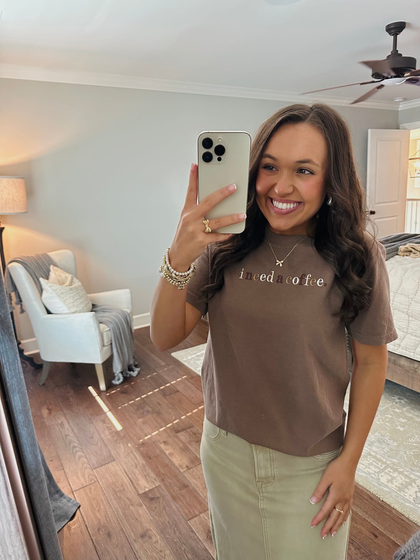 I Need A Coffee Espresso Brown Embroidered Tee