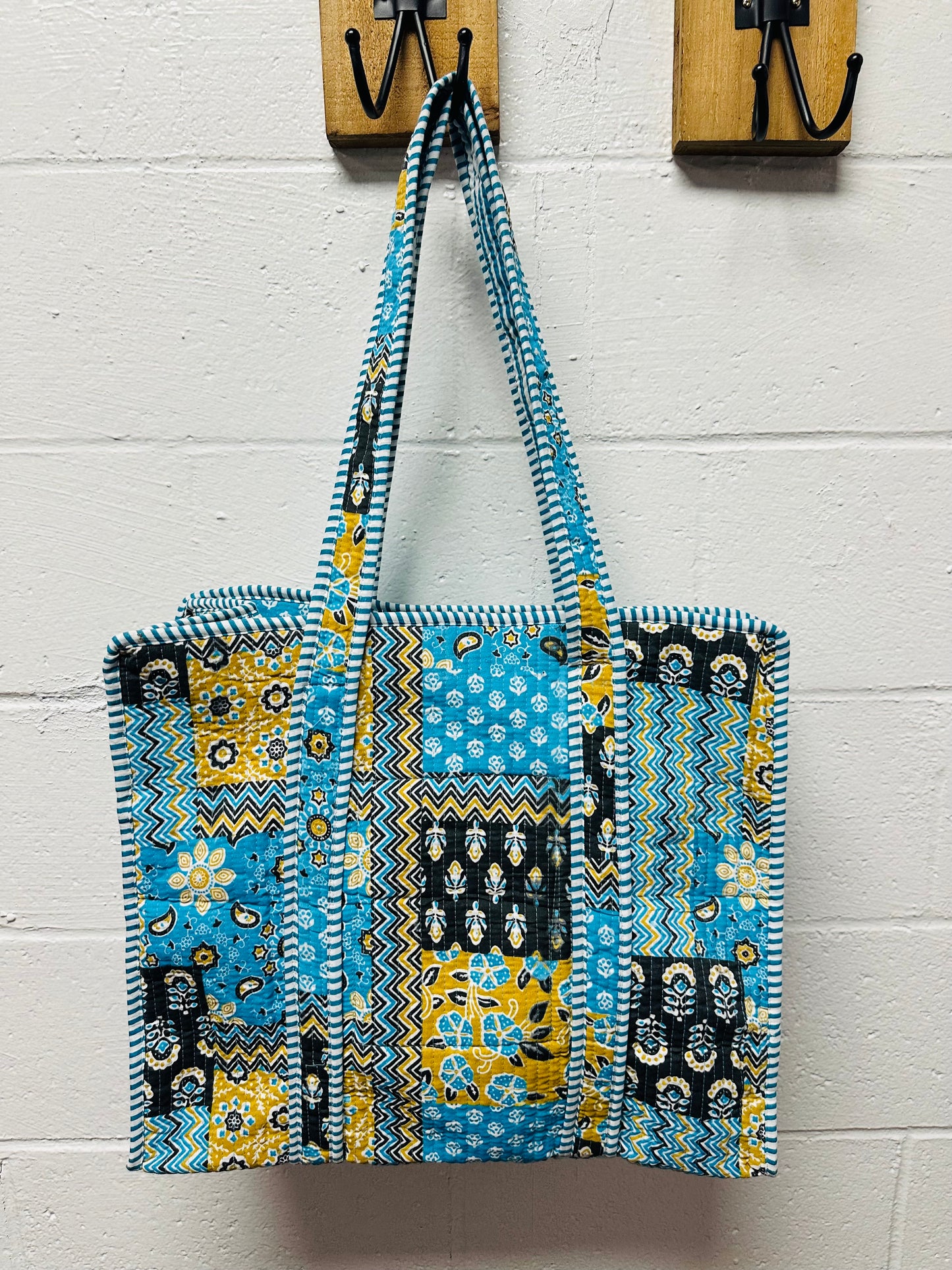 The Blue + Black Multi Pattern Quilted Tote Bag